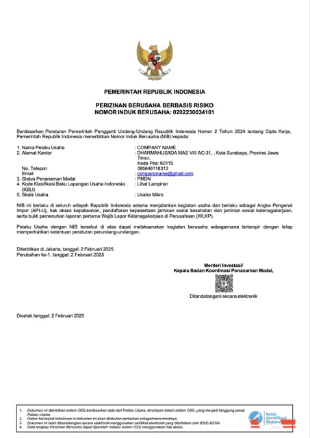 Indonesia certificate of incorporation Word and PDF template